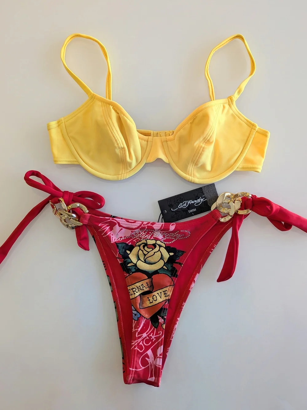 NWT Ed Hardy Rhinestone Rose Chain Bikini Bottom & BoutiqueYellow Underwire Top